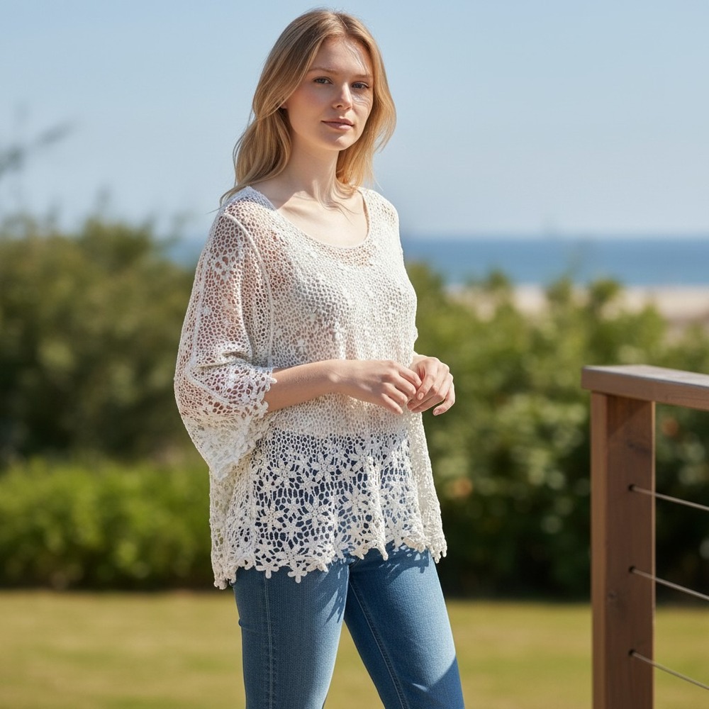 Cozy Casual Crochet Floral Lace Top Cream Knit Boho Coastal Natural Cotton M/L